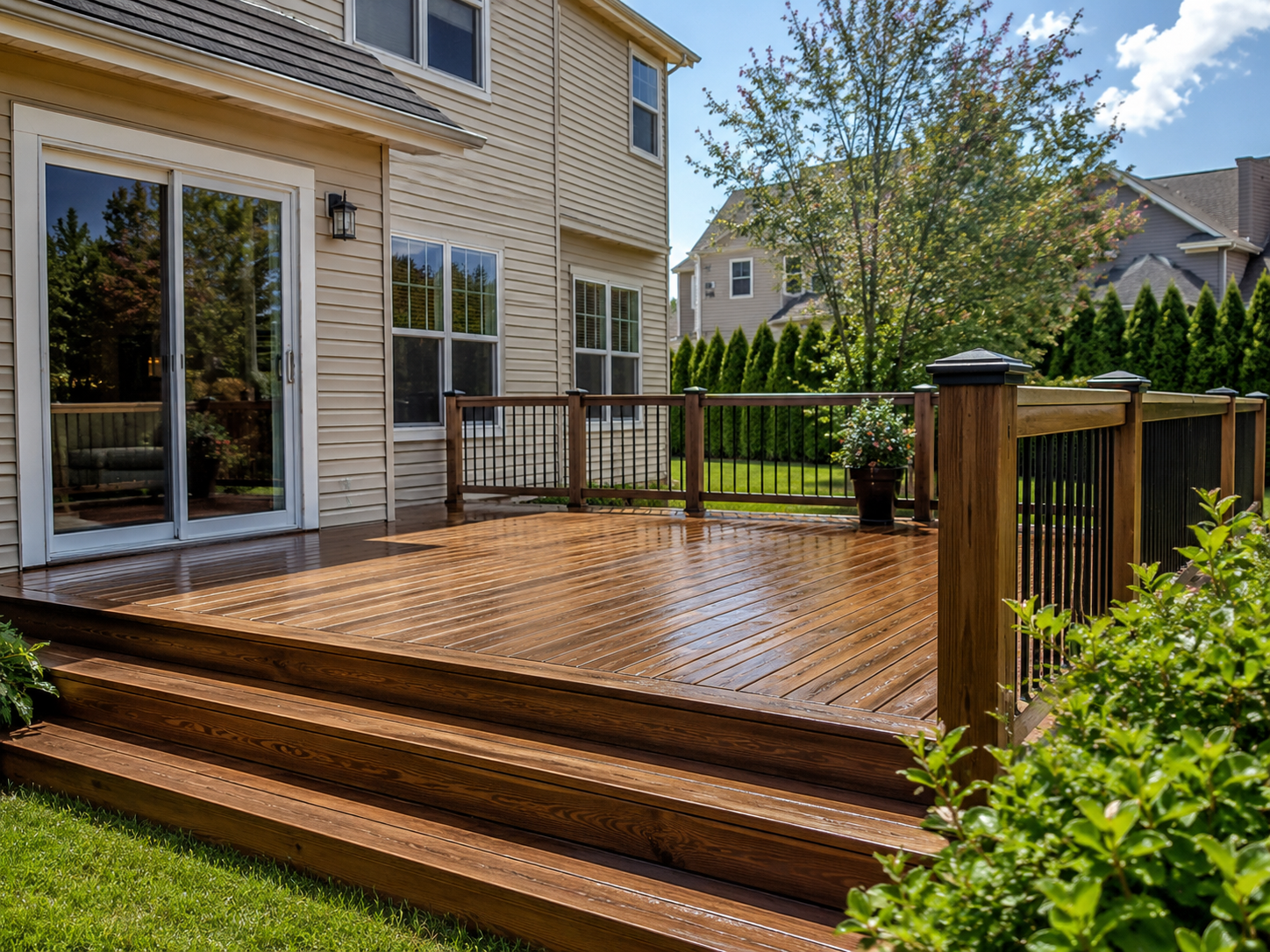 Clean wood deck with railings after professional cleaning in Traverse City MI by Anchor Pro Wash